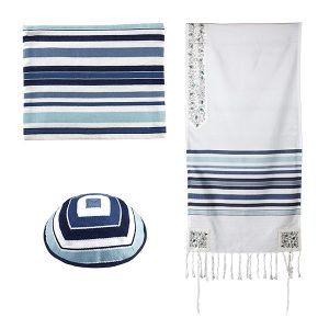 טלית פסים ארוגים+פינות ועטרה רקום רימונים כחול 52 ס"מ