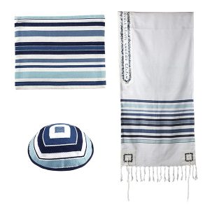 טלית פסים ארוגים+פינות ועטרה רקום ירושלים כחול 52 ס"מ
