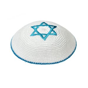 כיפה סריגה לבנה מגן דוד טורקיז
