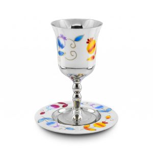 כוס קידוש על רגל/תחתית נירוסטה לבן/רימונים צבעוני