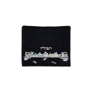 תיק תפילין קטיפה רקמת חומות ירושלים כחול