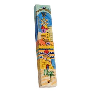 מזוזה עץ מצוירת ירושלים/שער גדולה 12 ס"מ