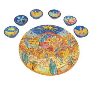 קערה לפסח/6 צלוחיות עץ ציור יד ירושלים אורינטלי 33 ס"מ