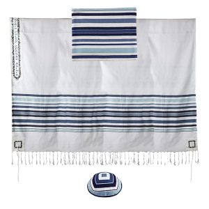 טלית פסים ארוגים+פינות ועטרה רקום ירושלים כחול 170 ס"מ