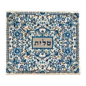תיק טלית רקמה מלאה פרחים/רימונים כחול
