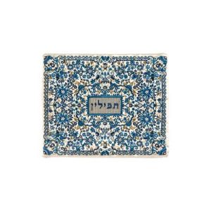 תיק תפילין רקמה מלאה פרחים/רימונים כחול