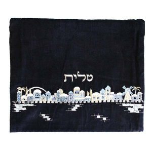 תיק טלית קטיפה רקמת חומות ירושלים כחול