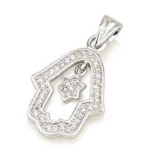 תליון מגן דוד בתוך חמסה כסף ואבני זרקון לבן