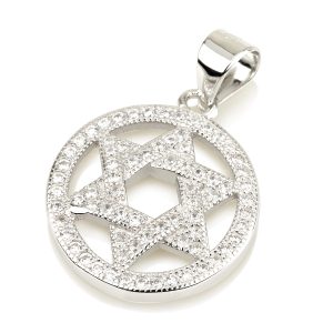תליון מגן דוד בתוך עיגול כסף ואבני זרקון