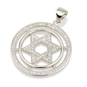 תליון מגן דוד בתוך עיגול כפול כסף ואבני זרקון