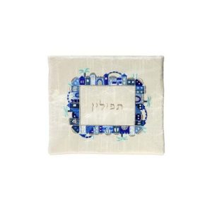תיק תפילין לבן רקמה ירושלים כחול