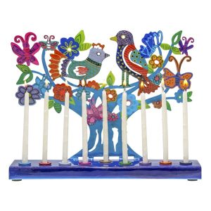 חנוכייה חיתוך לייזר ציור יד זוג ציפורים ופרפרים