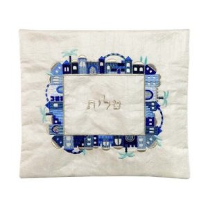 תיק טלית לבן רקמה ירושלים כחול