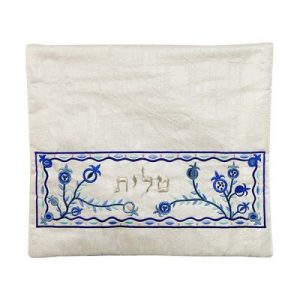 תיק טלית לבן רקמה רימונים כחול