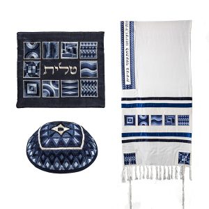 סט טלית רקמה מלאה מרובעים כחול
