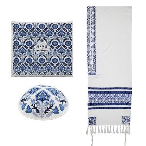 סט טלית רקמה מלאה דוגמא עתיקה כחול