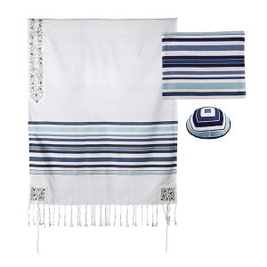 טלית פסים ארוגים+פינות ועטרה רקום רימונים כחול 145 ס"מ