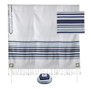טלית פסים ארוגים+פינות ועטרה רקום ירושלים כחול 145 ס"מ