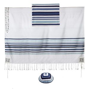 טלית פסים ארוגים+פינות ועטרה רקום רימונים כחול 170 ס"מ