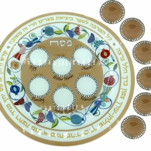 צלחת פסח+תחתיות זכוכית מעוטרת צבעוני 36 ס"מ