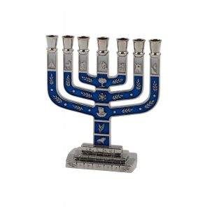 מנורה שבטים מרובעת צבע ניקל/אמייל כחול  ולבן 10 ס"מ