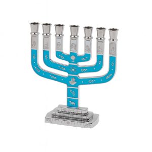 מנורה שבטים מרובעת צבע ניקל/אמייל טורקיז ולבן 10 ס"מ