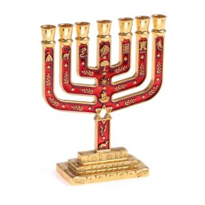 מנורה שבטים מגן דוד מרובעת צבע זהב/אמייל אדום 10 ס"מ