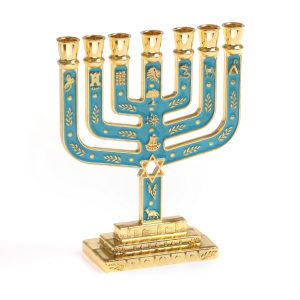 מנורה שבטים מגן דוד מרובעת צבע זהב/אמייל טורקיז 10 ס"מ