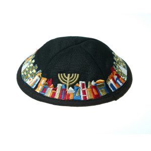 כיפה פשתן שחור רקמה ירושלים צבעוני