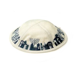כיפה פשתן קרם רקמה ירושלים
