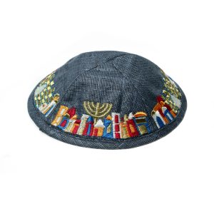 כיפה פשתן אפור רקמה ירושלים צבעוני