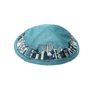 כיפה פשתן טורקיז רקמה ירושלים