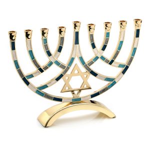 חנוכייה מתכת צבע זהב גוונים כחול מ"ד 18 ס"מ