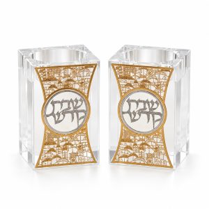 זוג פמוט קריסטל פלקטה ירושלים מוזהבת 8 ס"מ