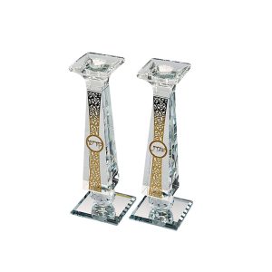 זוג פמוט קריסטל פלקטה פרחים מוזהבת 25 ס"מ