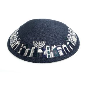 כיפה פשתן כחול רקמה ירושלים